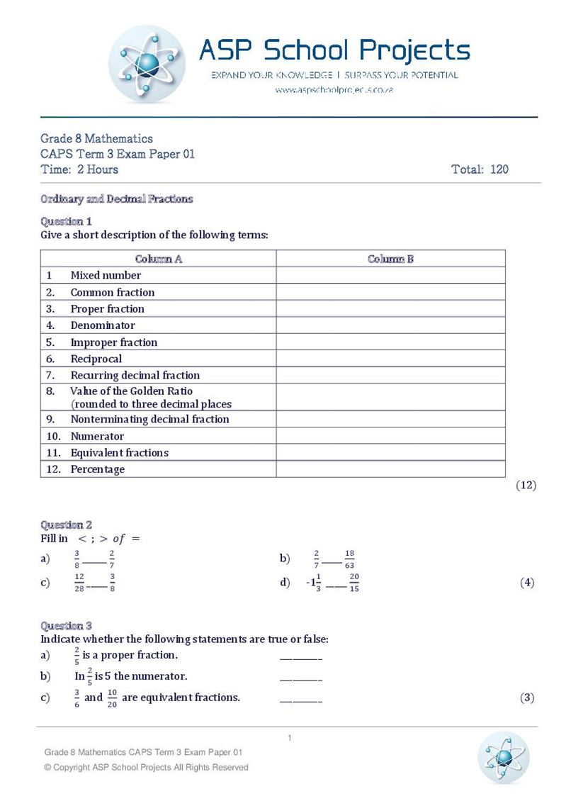 Grade 8 Exam Papers and Answers